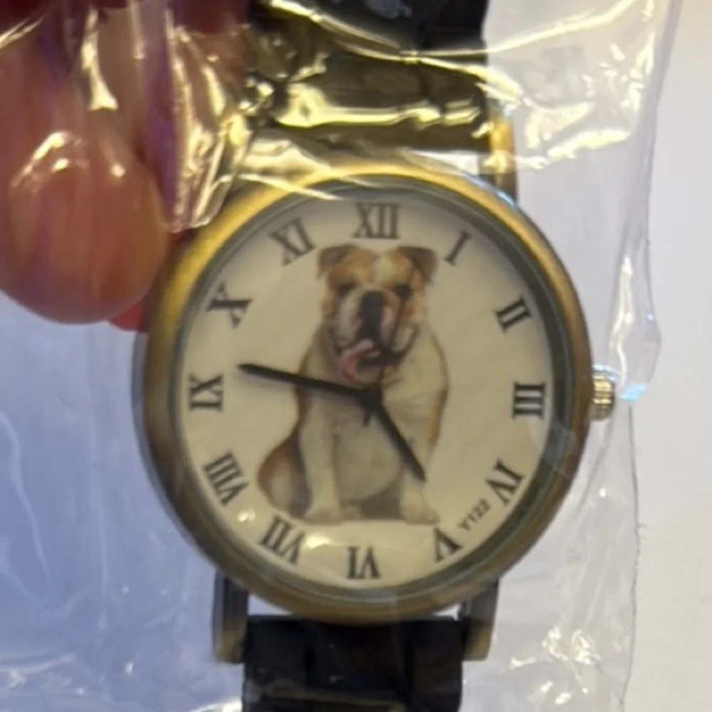 English Bulldog Face Watch, Black Runner Strap, adjustable, needs battery, NWT